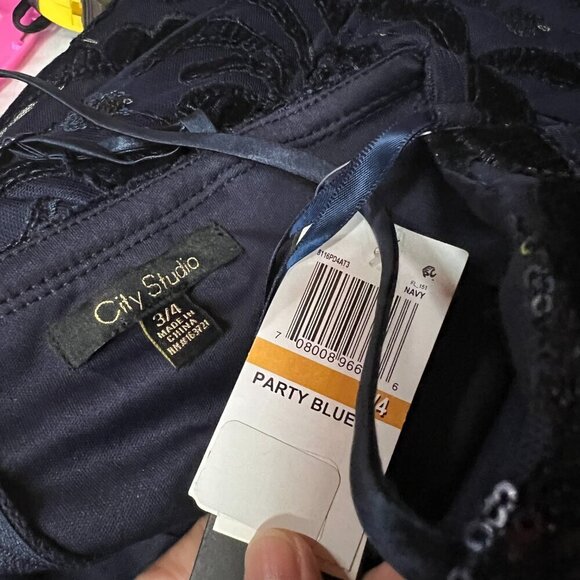 City Studio Womens Juniors Sz 3/4 Sequined Short Fit Flare Dress Navy - Picture 8 of 10